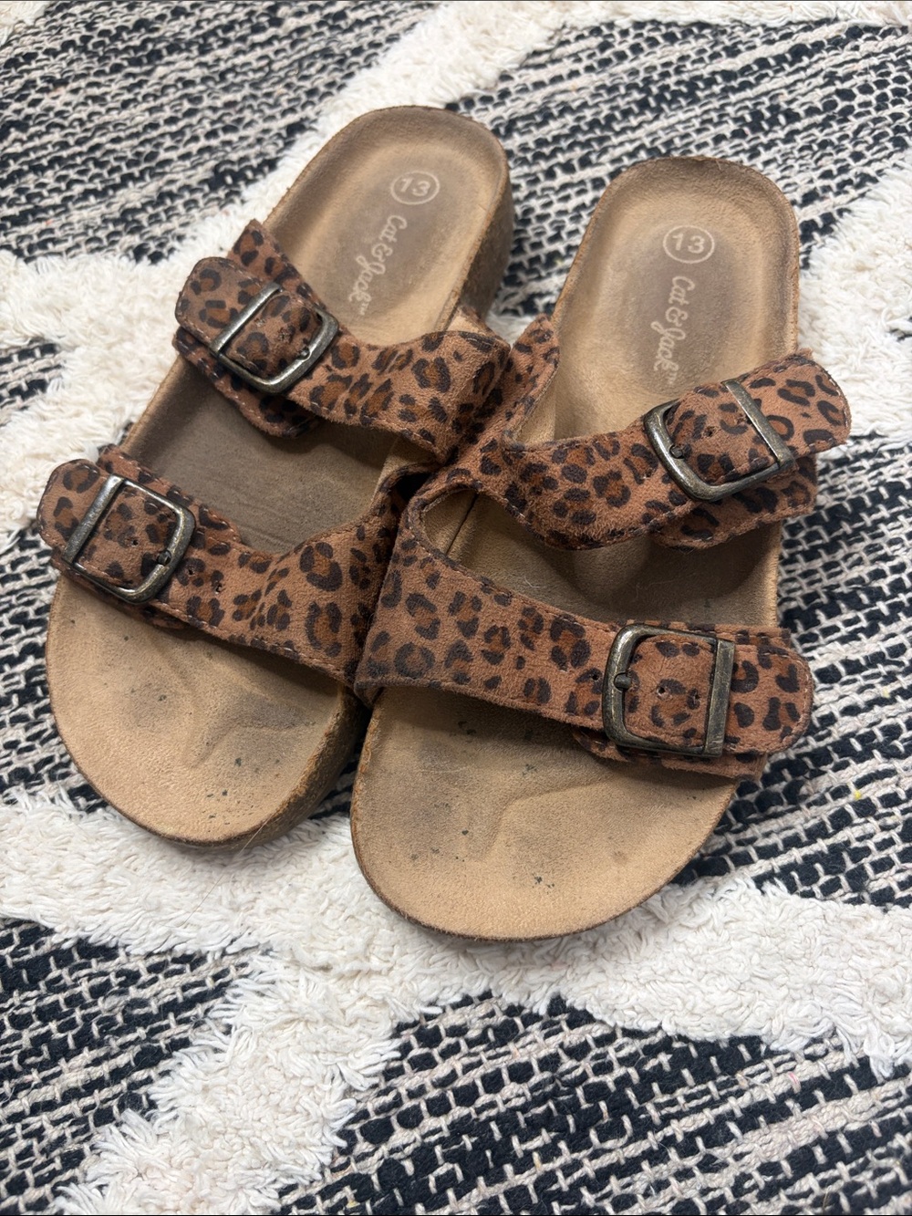 Cat & Jack Brown Leopard-Print Double Buckle Slide Sandals girls size 13